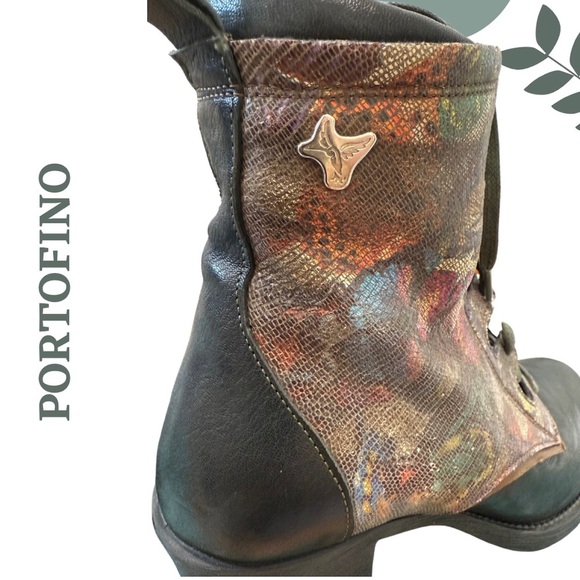 PORTOFINO Leather Ankle Boots with Floral Panel Green Portugal Size 39 US 8.5/9 - Picture 9 of 13